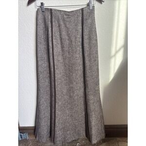 Vintage Together A-Line Fuller Cut Long Wool Blend Brown Skirt & Velvet Trim, 4